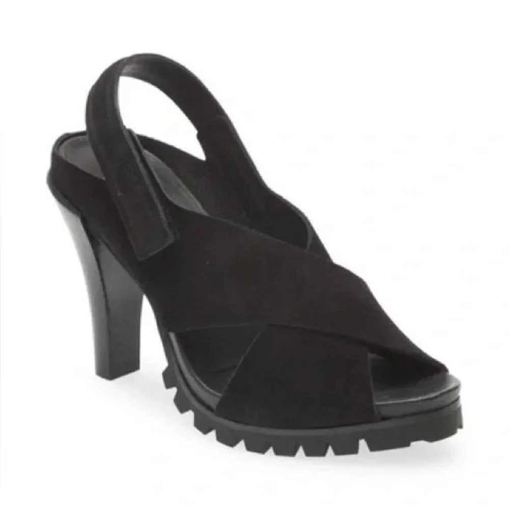 🆕 PEDRO GARCIA Yuval Slingback Peep Toe Lug Sole Heels Sandals Shoes Black 7.5 - Picture 1 of 8